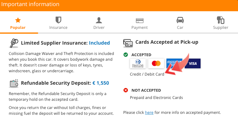 Debit Card Accepted for car hire